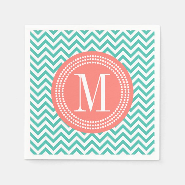 Turkvoise Chevron Zigzag Personlig Monogram Pappersservett (Framsidan)