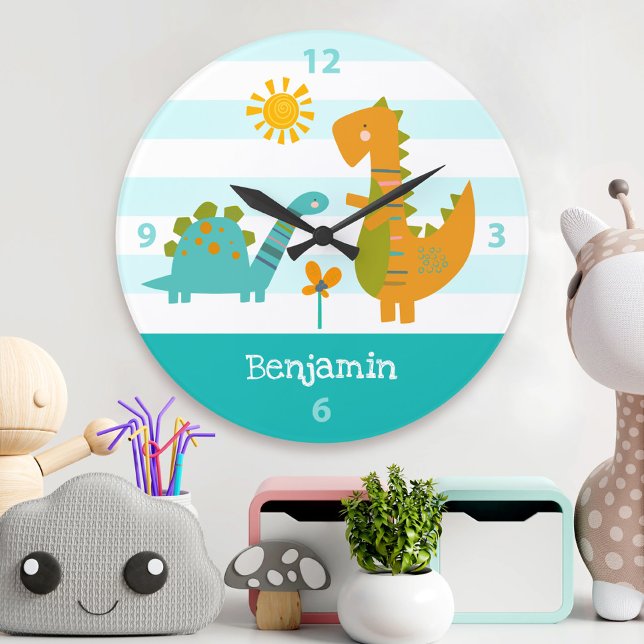 Turkvoise Dinosaur Boy Namn Nursery Kawaii Cute Stor Klocka (Skapare uppladdad)