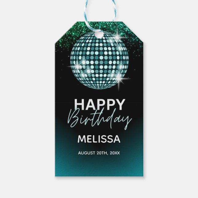 Turkvoise Disco Glitter Dance Grattis på födelseda Presentetikett (Framsidan)