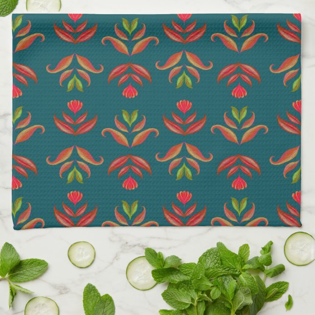 Turkvoise Folk Art Blommigt Skriv ut Mysigt Rustic Kökshandduk (Vikta)
