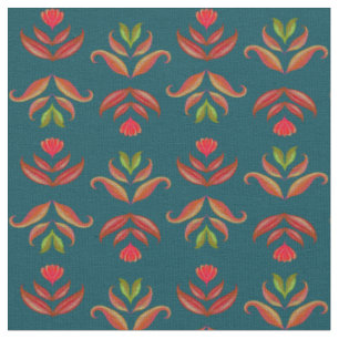 Turkvoise Folk Art Blommigt Skriv ut Mysigt Rustic Tyg