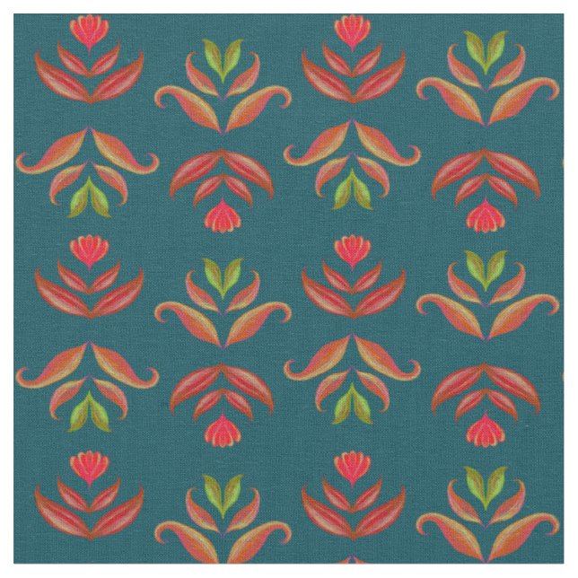 Turkvoise Folk Art Blommigt Skriv ut Mysigt Rustic Tyg (Närbild)