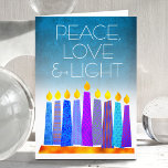 Turkvoise Hanukkah Boho Candles Peace Kärlek Light Helgkort<br><div class="desc">"Fred, kärlek och ljus." En lekfull, modern, konstgjord illustration av boho mönster-ljus på en menorah hjälper dig att vaktera helgdag av Hanukkkah. Blåljus med färglöst faux foil mönster täcker över en turkoshöjning till vit texturerad bakgrund. Känn julhelgens värme och glädje när du skickar det här fantastiska, färgstarka och färgstarka hälsningskortet...</div>