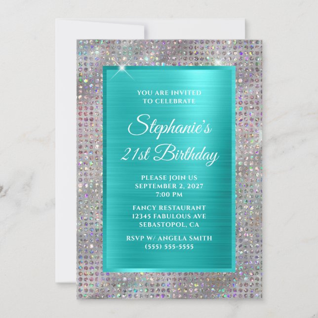 Turkvoise Holo Diamond Studed Foil 21st Birthday Inbjudningar (Framsida)
