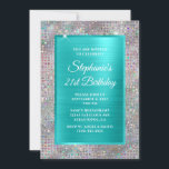 Turkvoise Holo Diamond Studed Foil 21st Birthday Inbjudningar<br><div class="desc">Skapa din egen finare-snyggt-milstolpe för födelsedagskalender 5x7 inbjudan till din bästa vän. Övertäckningen har en fyrkantig, ljusblå akvablåturkos, ombre foil för information om inbjudan. Anpassa det vita teckensnittet stilar, färg och storlekt efter behov. Bakgrunden har en faux glatt holografisk färg och silver grått diamant glitter som studerade lyxmodern foil digital...</div>