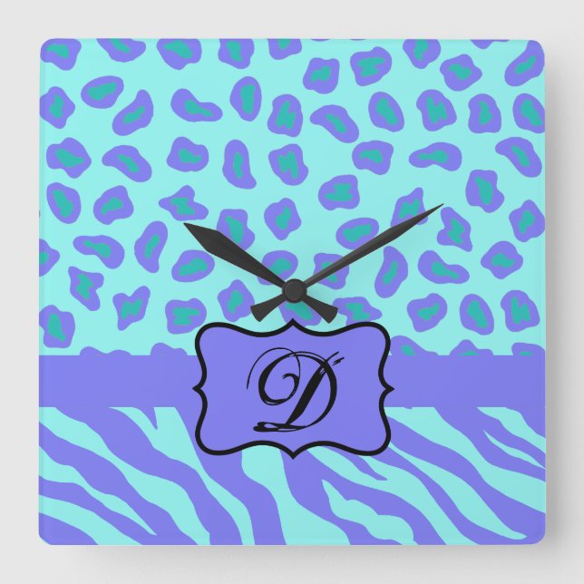 Turkvoise Lavender Zebra Leopard Skin Monogram Fyrkantig Klocka (Framsida)