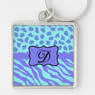 Turkvoise Lavender Zebra Leopard Skin Monogram Fyrkantig Silverfärgad Nyckelring