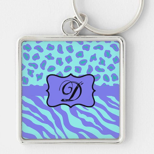 Turkvoise Lavender Zebra Leopard Skin Monogram Fyrkantig Silverfärgad Nyckelring (Framsidan)