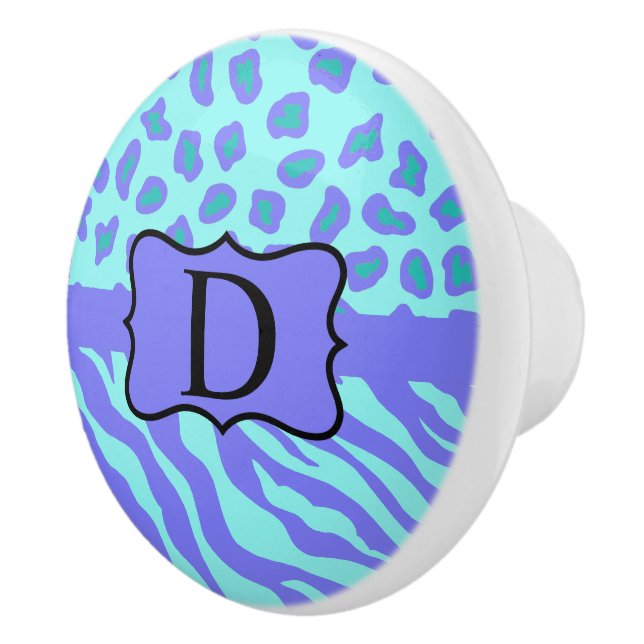 Turkvoise Lavender Zebra Leopard Skin Monogram Knopp (Höger)