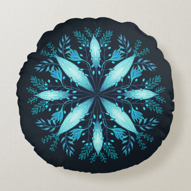 Turkvoise Mandala - Blue Winter Snowflake Flower Rund Kudde (Framsidan)
