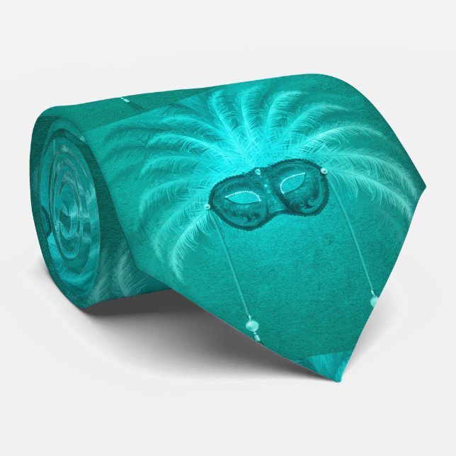 Turkvoise Mardi Gras Feather Ansikte Mask NeckTie Slips (Rullad)