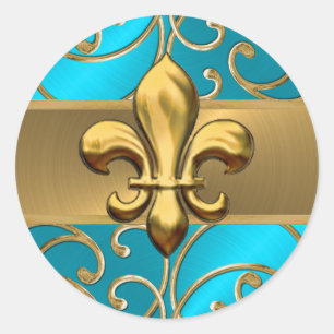Turkvoise och Guld Filigree Swirls Fleur de Lis Runt Klistermärke