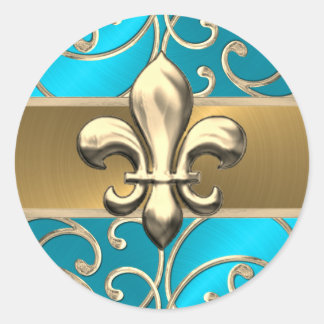 Turkvoise och Guld Filigree Swirls Fleur de Lis Runt Klistermärke