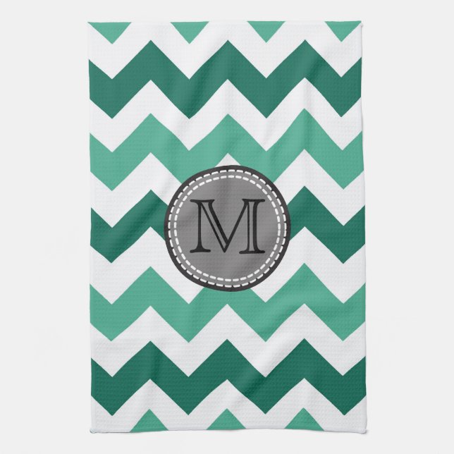 Turkvoise och Mint Chevron Zigzag Monogram Kökshandduk (Vertikal)