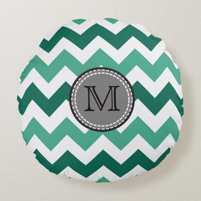 Turkvoise och Mint Chevron Zigzag Monogram Rund Kudde (Framsidan)