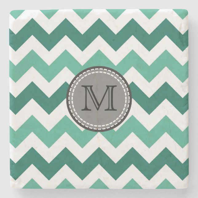 Turkvoise och Mint Chevron Zigzag Monogram Stenunderlägg (Framsidan)
