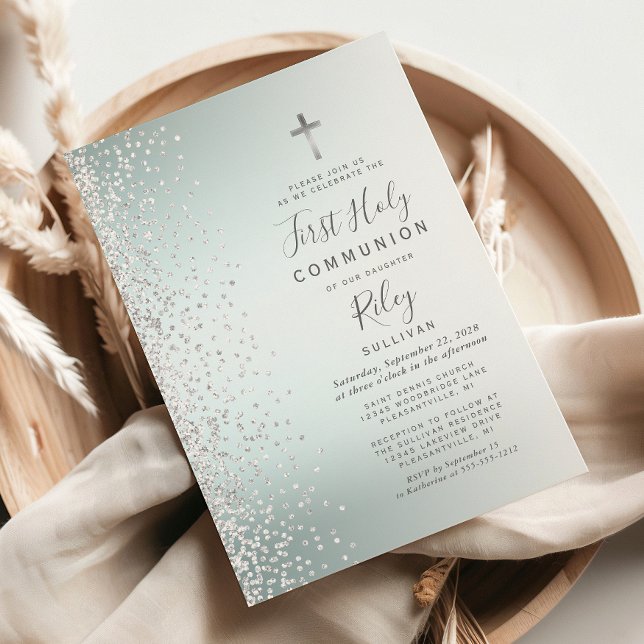 Turkvoise Ombre Confetti First Heliga Communion Inbjudningar (Skapare uppladdad)