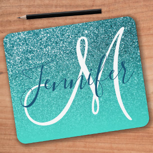 Turkvoise Ombre Teal Faux Glitter Monogram Musmatta