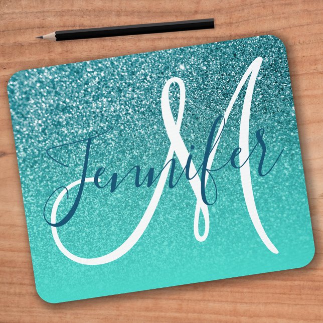 Turkvoise Ombre Teal Faux Glitter Monogram Musmatta (Skapare uppladdad)