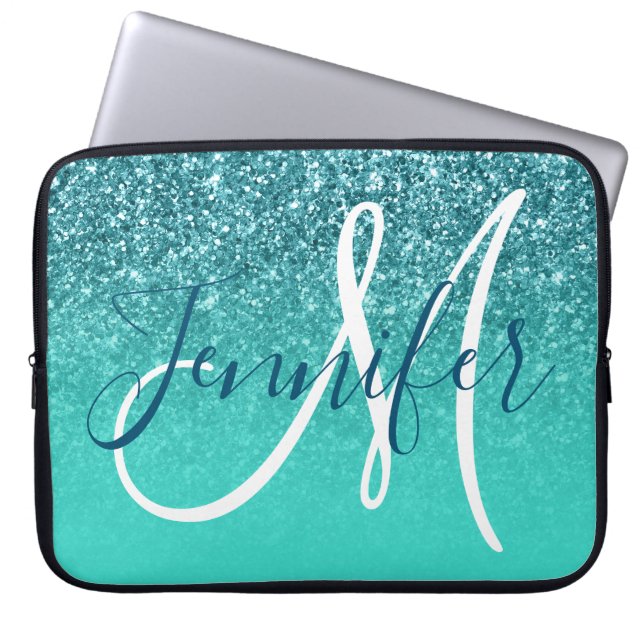 Turkvoise Ombre Teal Glitter Personlig Monogram Laptop Fodral (Framsidan)
