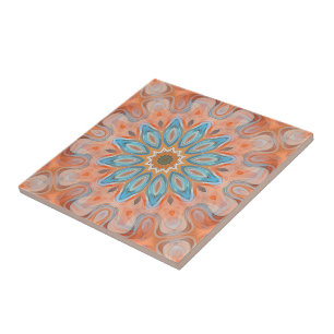 Turkvoise Peach Orange Red Mandala Sol Mönster Kakelplatta