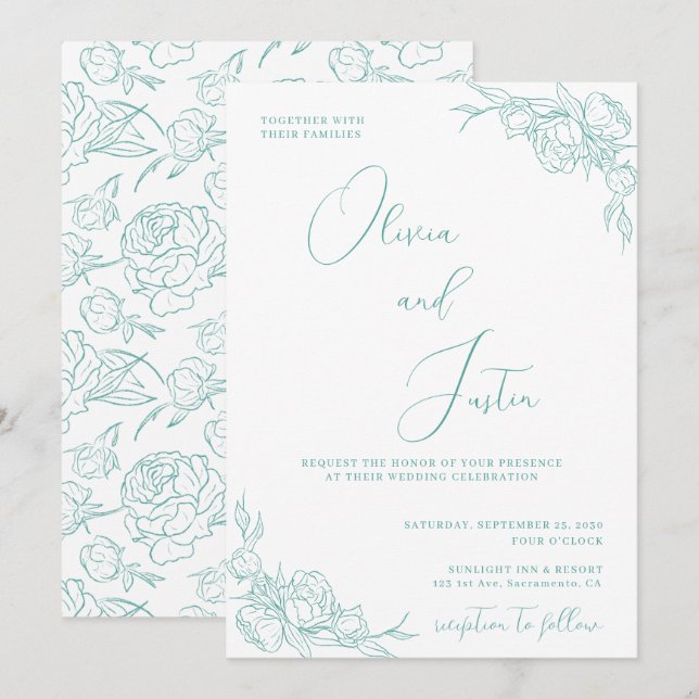 Turkvoise Peony Elegance Bröllop Inbjudningar (Fram/baksida)