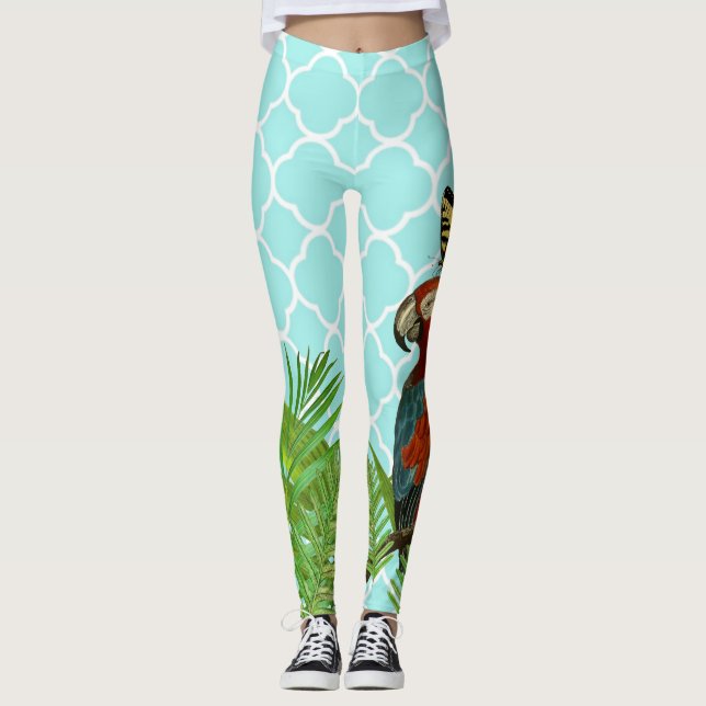 Turkvoise Quartrefoil Parrot och Butterfly Leggings (Framsida)