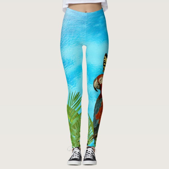 Turkvoise Seas Parrot och Butterfly Faux Canvas Leggings (Framsida)