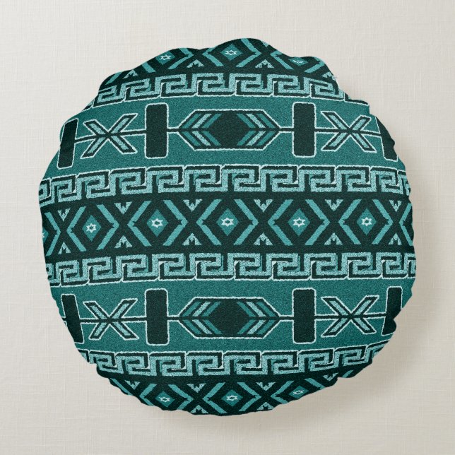 Turkvoise Southwest Tribal Aztec Mönster Rund Kudde (Baksidan)