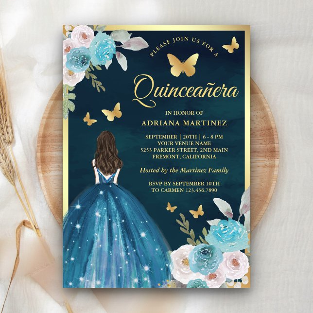 Turkvoise Teal Blommigt Butterfly Guld Quinceanera Inbjudningar (Skapare uppladdad)