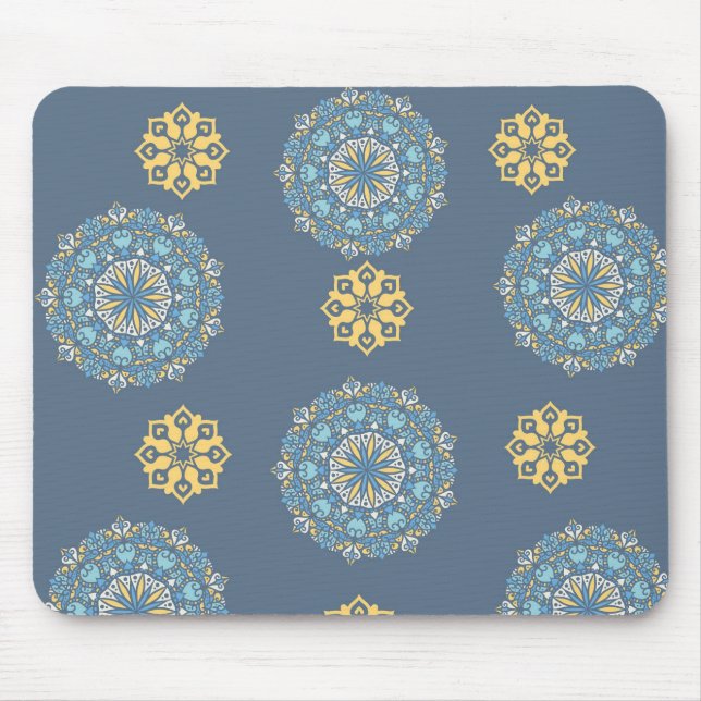 Turkvoise Teal Blue och Gult Mandala Art Mönster Musmatta (Framsidan)