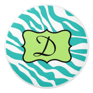 Turkvoise Teal Blue White Zebra Skin Art Monogram Knopp