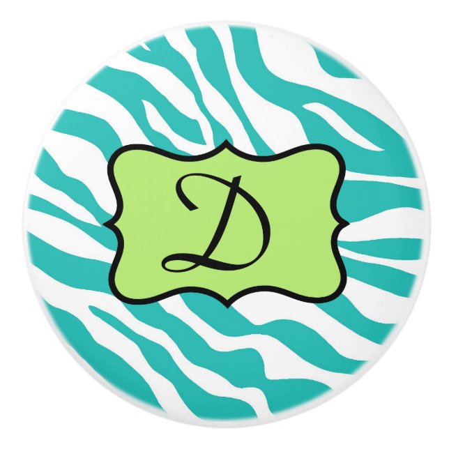 Turkvoise Teal Blue White Zebra Skin Art Monogram Knopp (Framsidan)