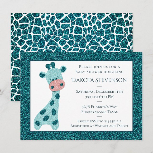 Turkvoise Teal Giraffe Modern Glitter Baby Shower Inbjudningar (Fram/baksida)