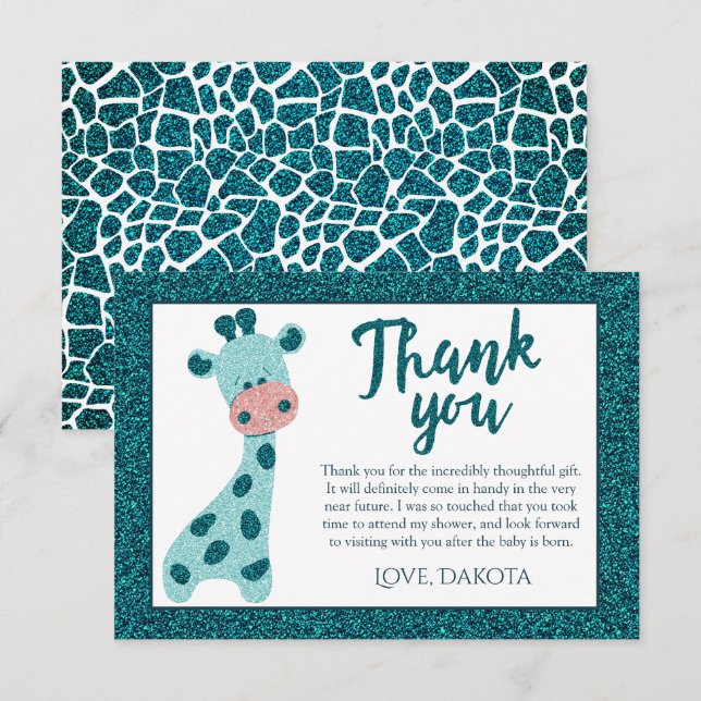 Turkvoise Teal Giraffe Modern Glitter Baby Shower Tack Kort (Fram/baksida)