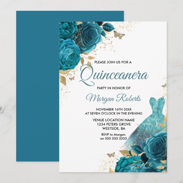 Turkvoise Teal Gnistra Dress Quinceanera Party Inbjudningar (Fram/baksida)