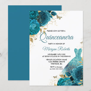 Turkvoise Teal Gnistra Dress Quinceanera Party Inbjudningar