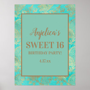 Turkvoise Teal Guld Tiaras Girl's Sweet 16 Poster