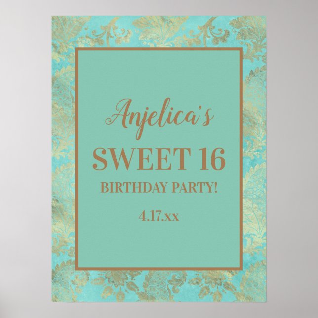 Turkvoise Teal Guld Tiaras Girl's Sweet 16 Poster (Framsidan)