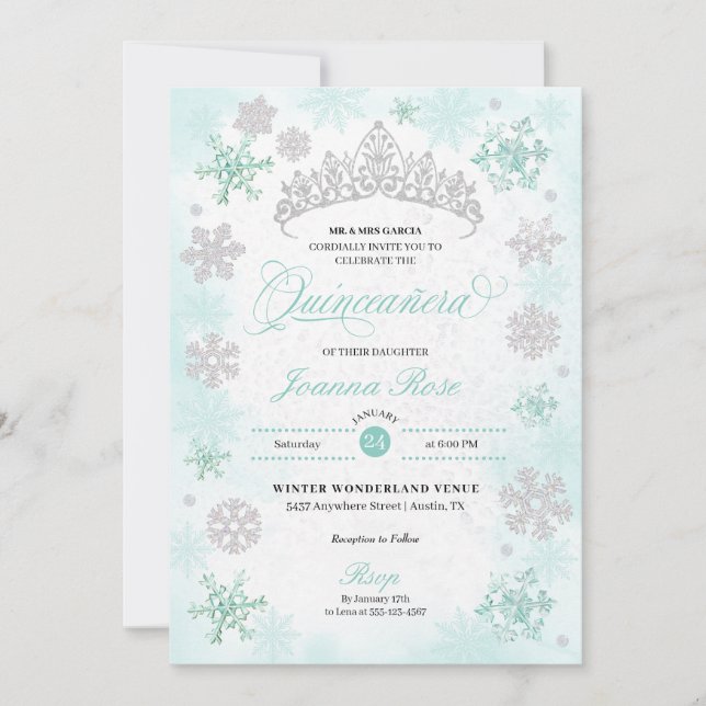 Turkvoise Winter Wonderland Snowflake Quinceanera Inbjudningar (Framsida)