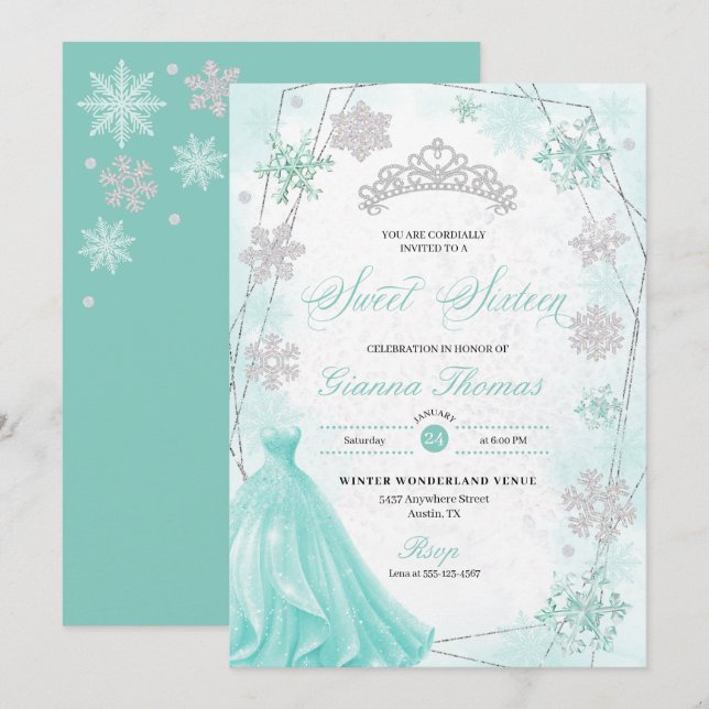 Turkvoise Winter Wonderland Snowflake Sweet 16 Inbjudningar (Fram/baksida)