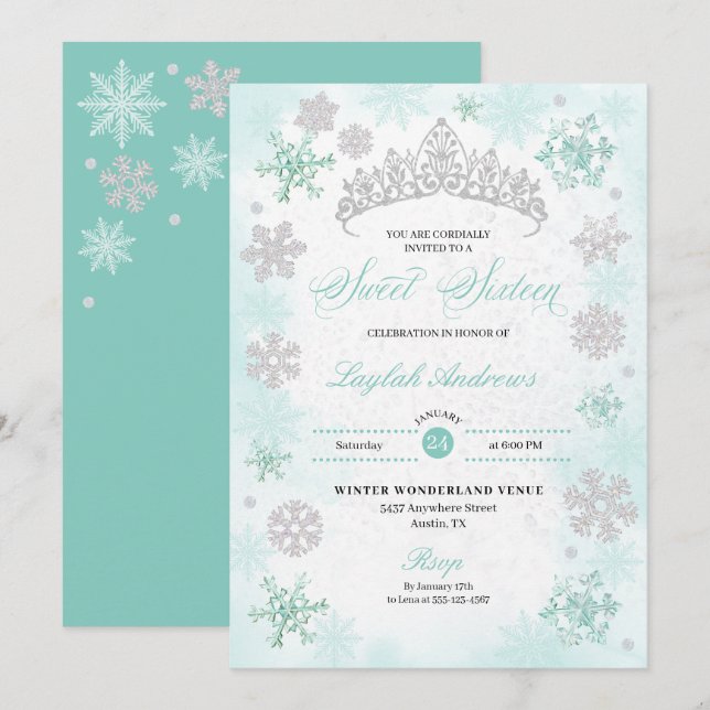 Turkvoise Winter Wonderland Snowflake Sweet 16 Inbjudningar (Fram/baksida)
