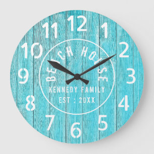 Turkvoise Wood Beach House White Large Numbers Stor Klocka