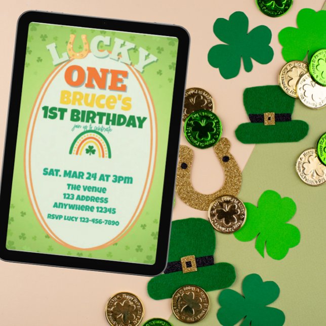 Turlycklig Orange Shamrock Regnbåge 1-års Födelsed Inbjudningar (Skapare uppladdad)