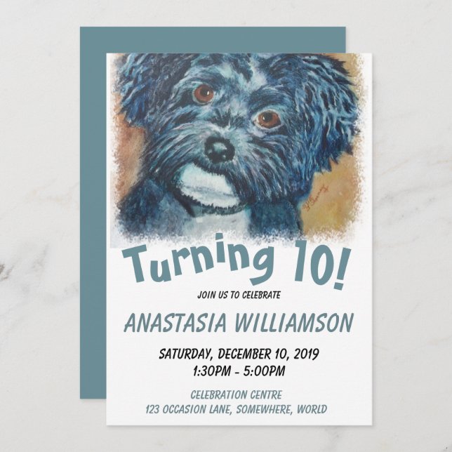 Turning 10 Black Havanese Inbjudan (Fram/baksida)