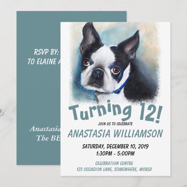 Turning 12 Boston Terrier Inbjudan (Fram/baksida)