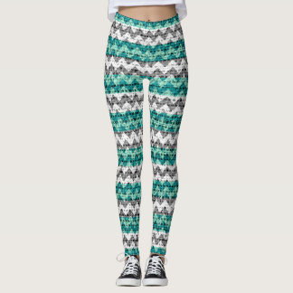 Turocise Grått White Chevron Mönster Burlap-utseen Leggings