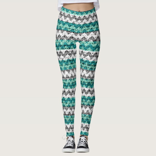Turocise Grått White Chevron Mönster Burlap-utseen Leggings (Framsida)