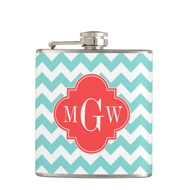 Turq Aqua Vit Chevron Coral Quatrefoil 3 Monogramm Fickplunta (Framsidan)