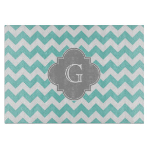 Turq / Aqua Vit Chevron Grå Quatrefoil Monogram